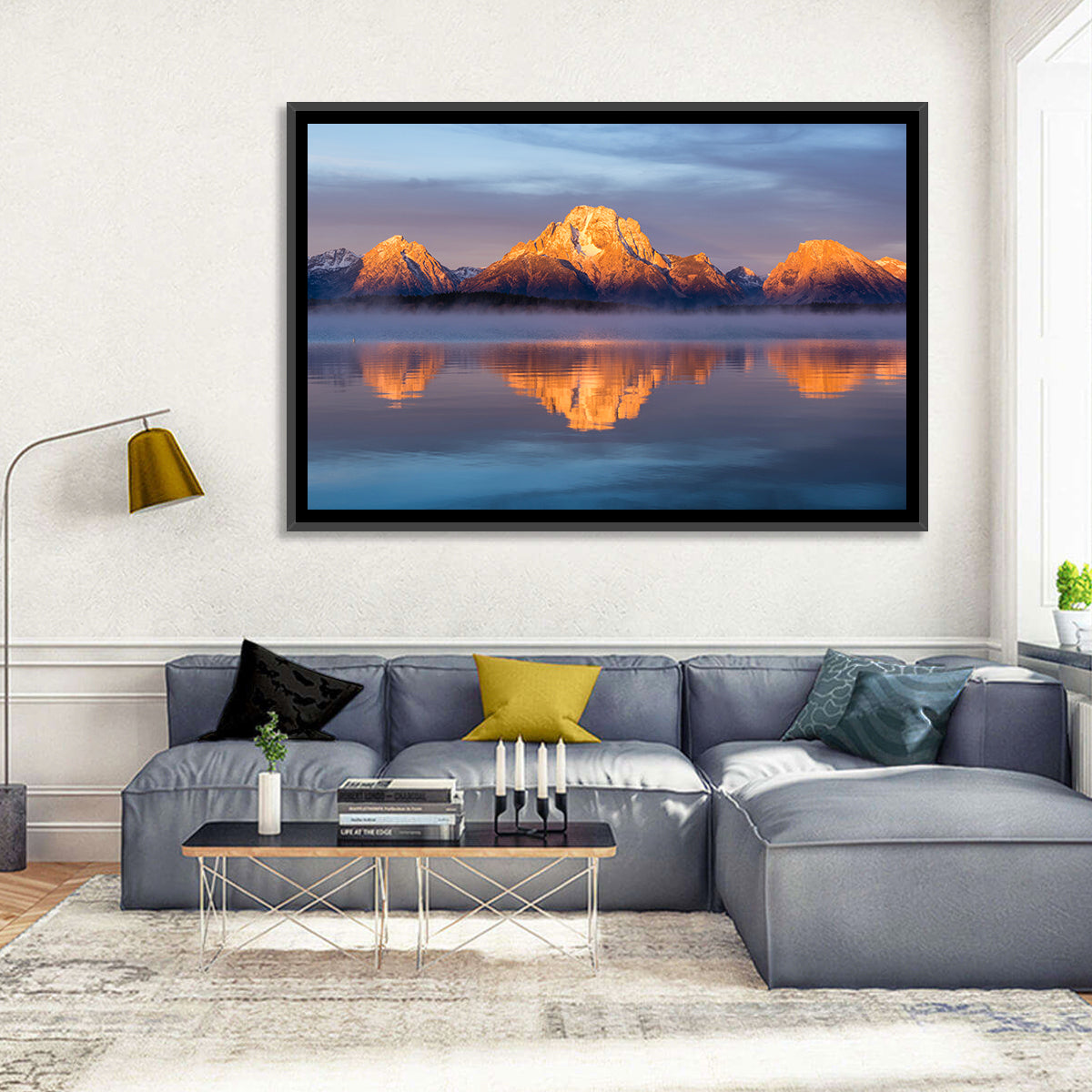 Mount Moran Sunrise Over Jackson Lake Wall Art in a room, landscape