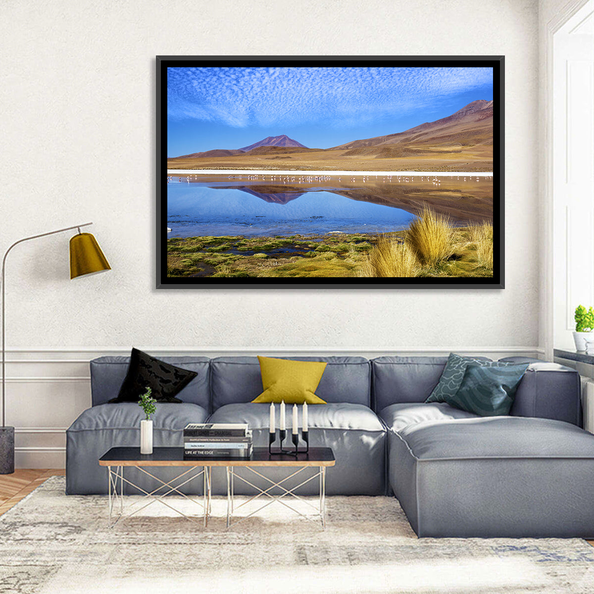 Red Lagoon Flamingo Reflection Wall Art in a room, landscape