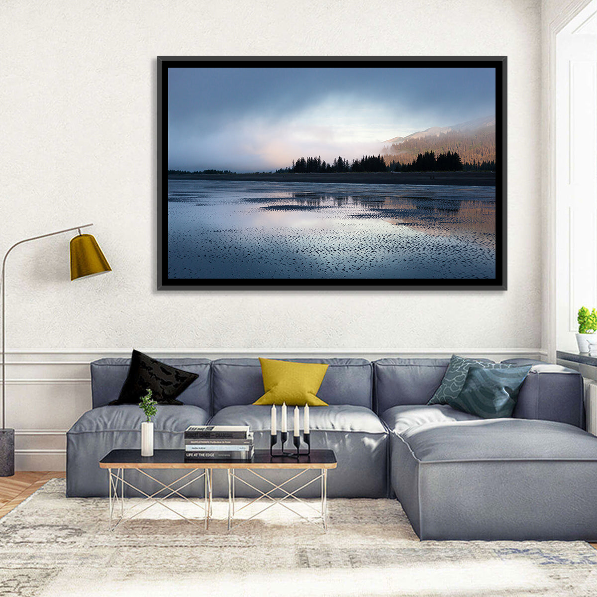 Lake Clark Foggy Shoreline Wall Art in a room, landscape