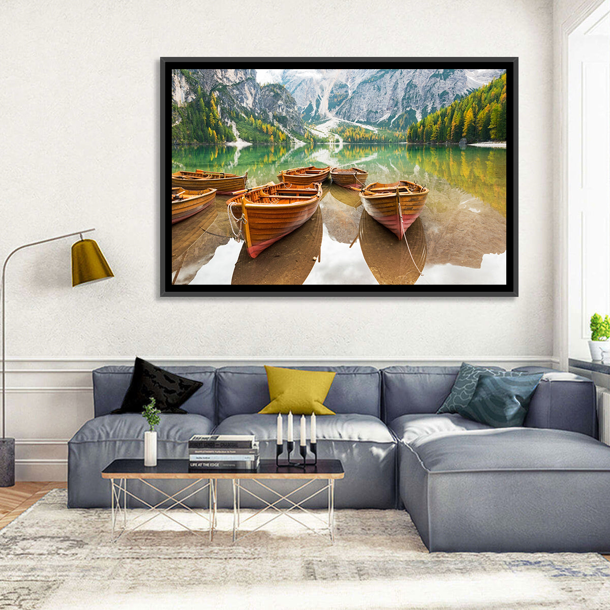 Rowboats on Lake Braies Wall Art in a room, landscape