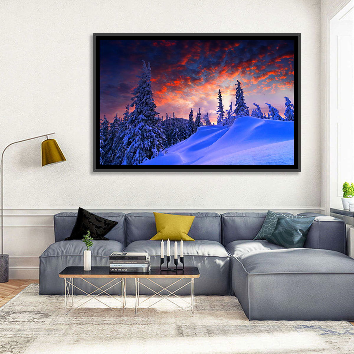 Snow-covered Mountain Sunset Wall Art in a room, landscape