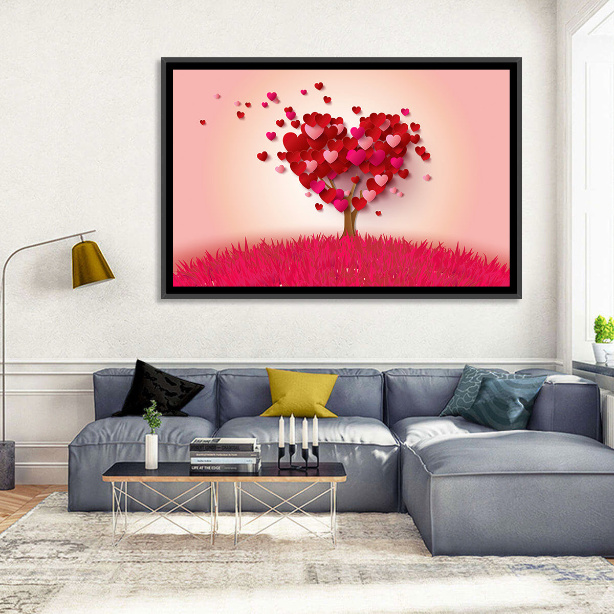 Whimsical Heart Tree Illustration Wall Art in a room, landscape