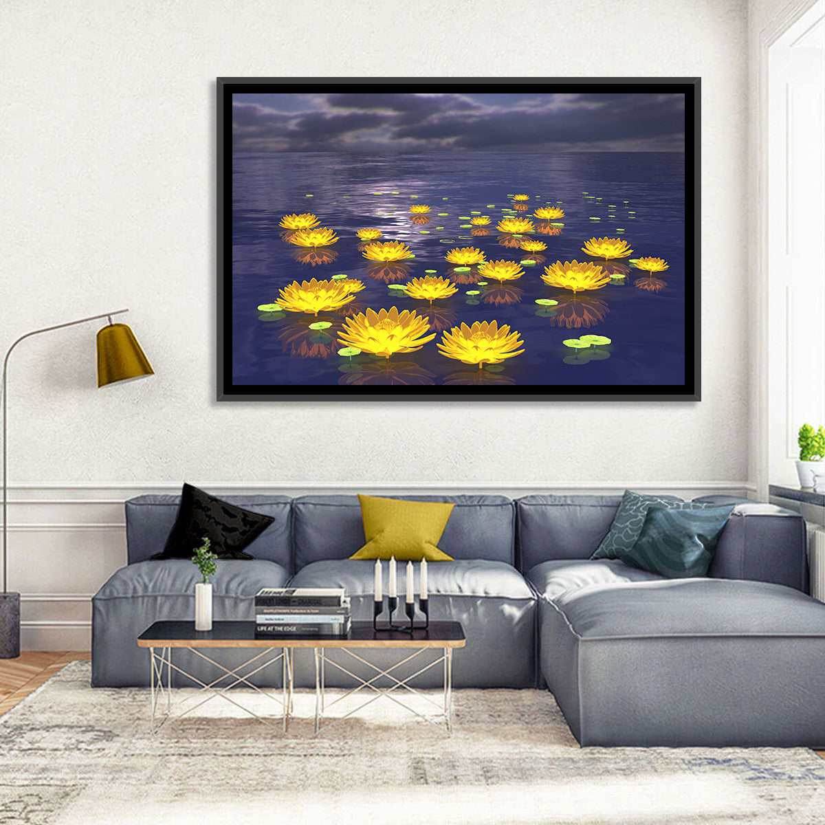 Floating Lotus at Dusk Wall Art in a room, landscape