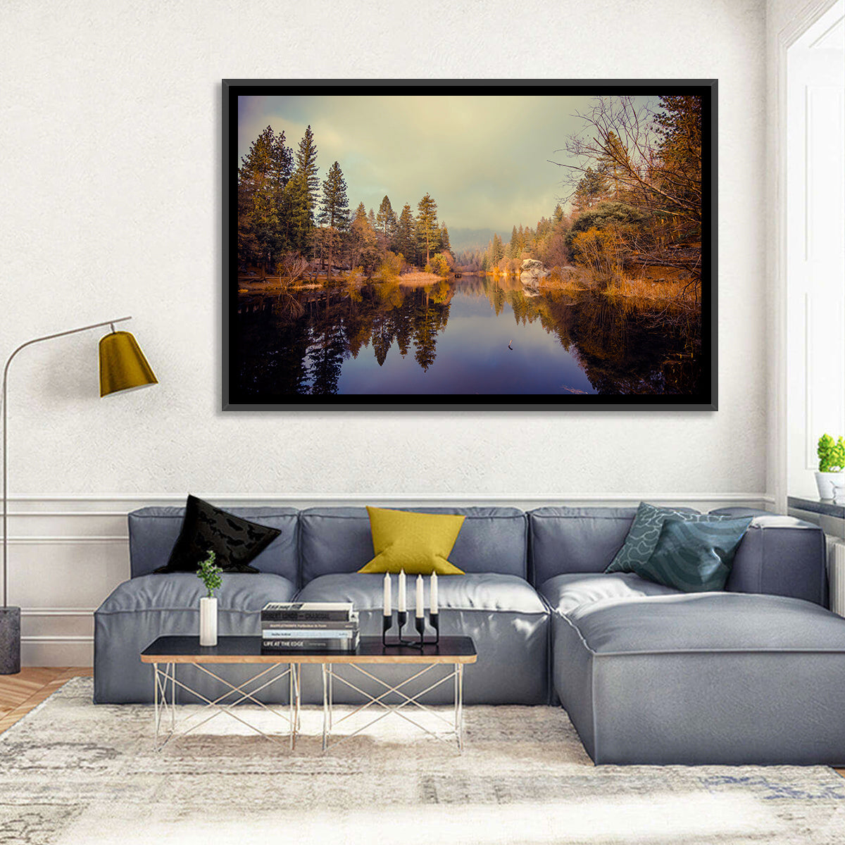 Misty Lake Fulmor Reflection Wall Art in a room, landscape