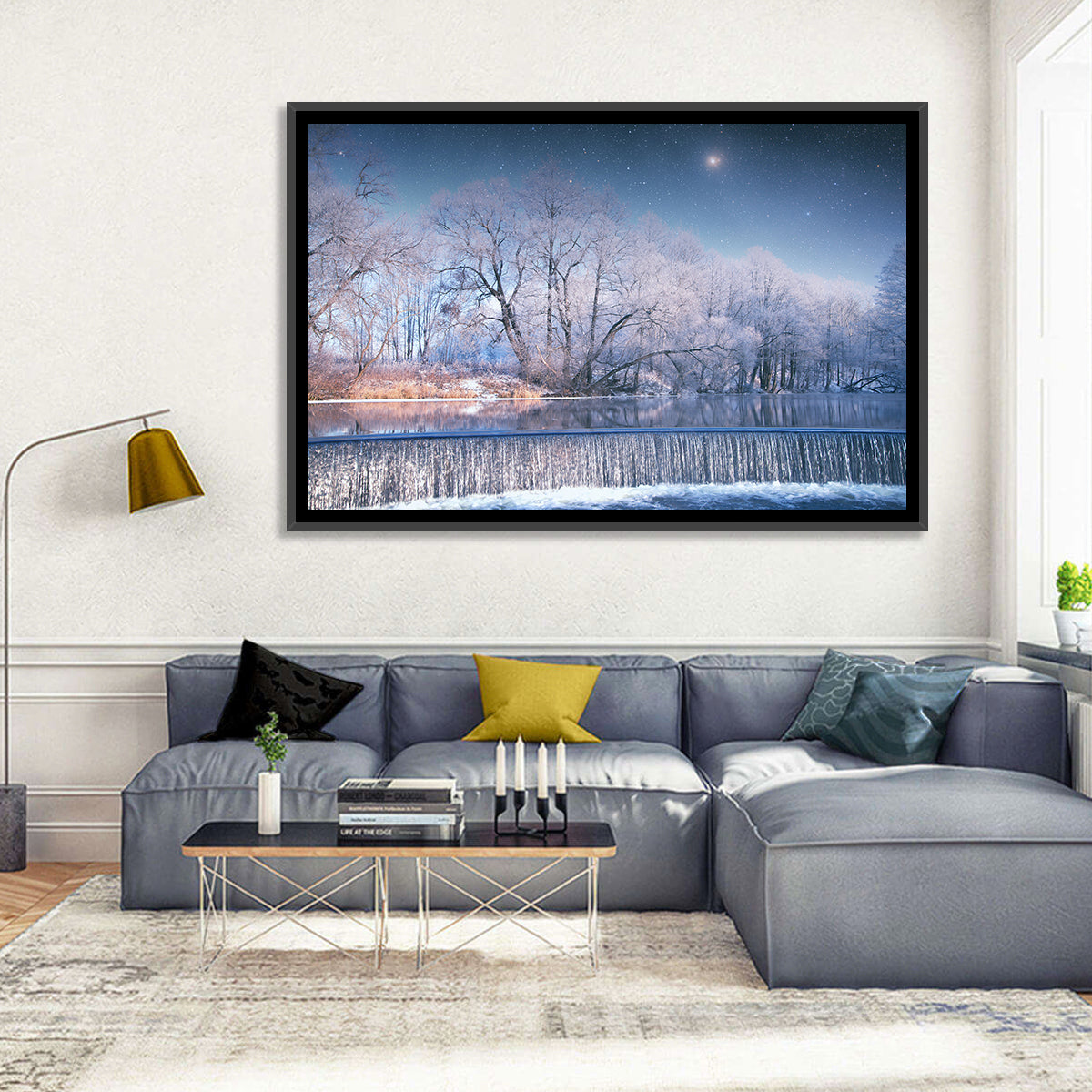 Starlit Winter Waterfall Wall Art in a room, landscape
