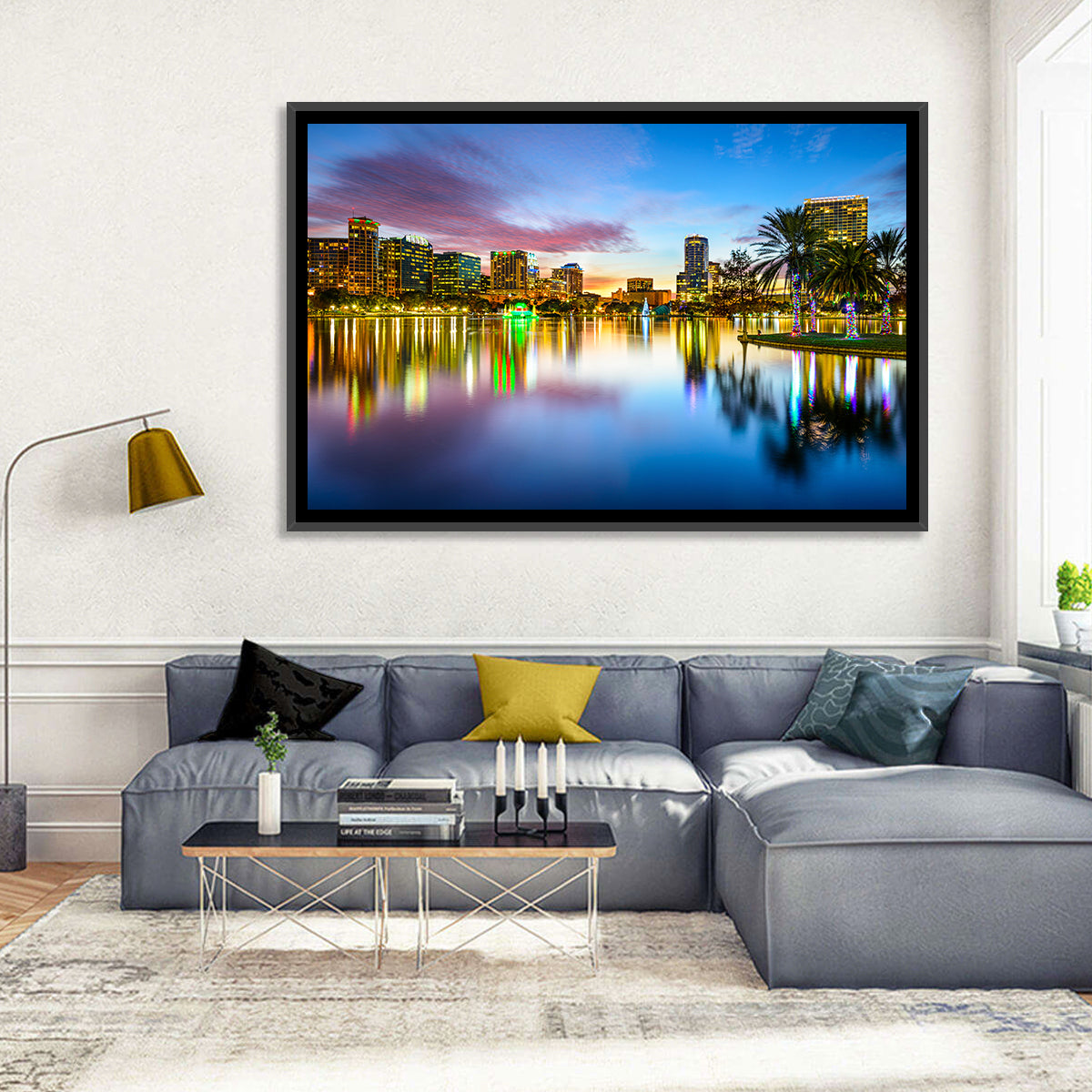Orlando Lake Eola Skyline Wall Art in a room, landscape