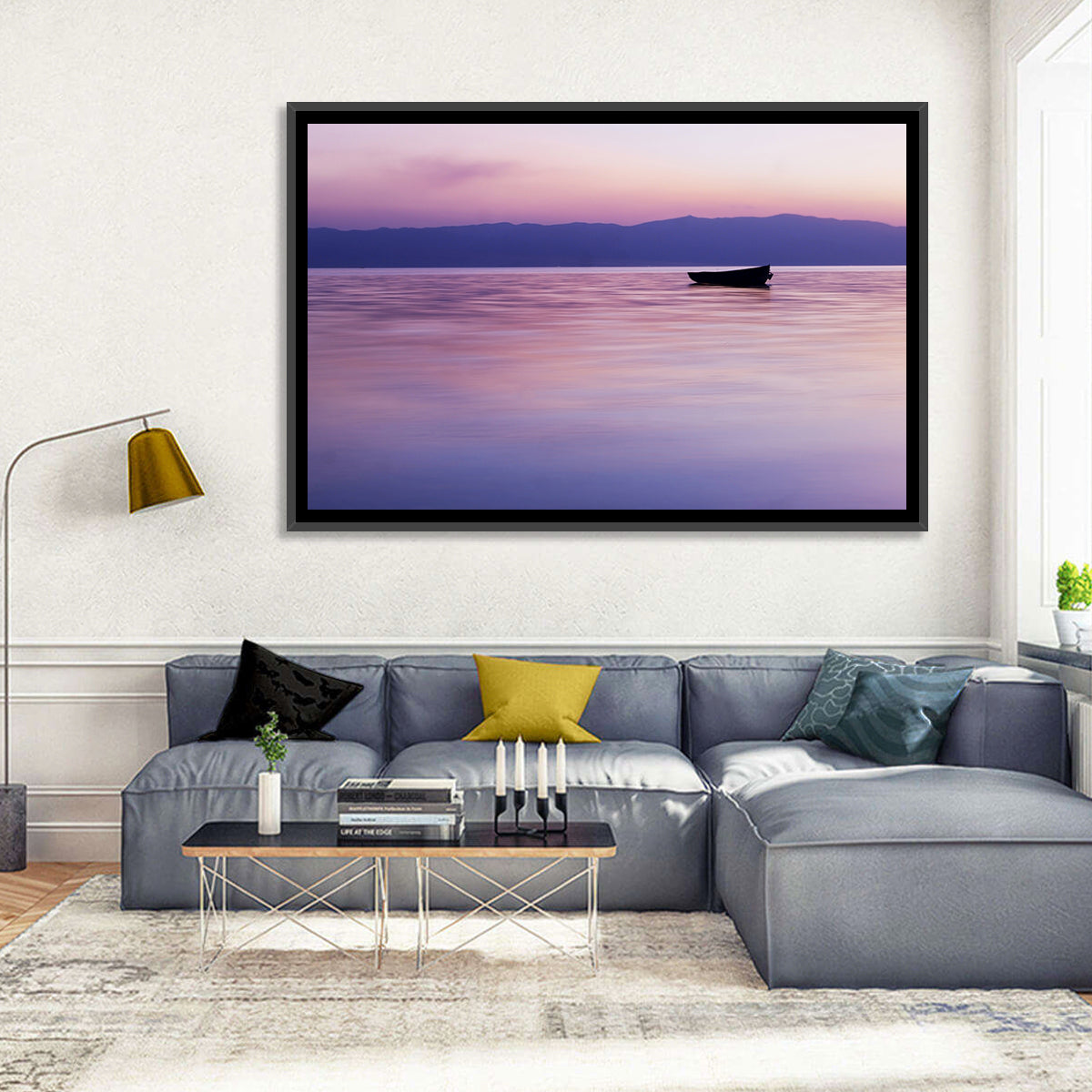 Lavender Lake Ohrid Sunset Wall Art in a room, landscape