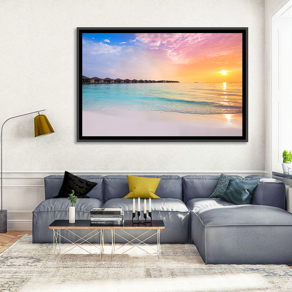 Overwater Bungalows at Sunset Wall Art