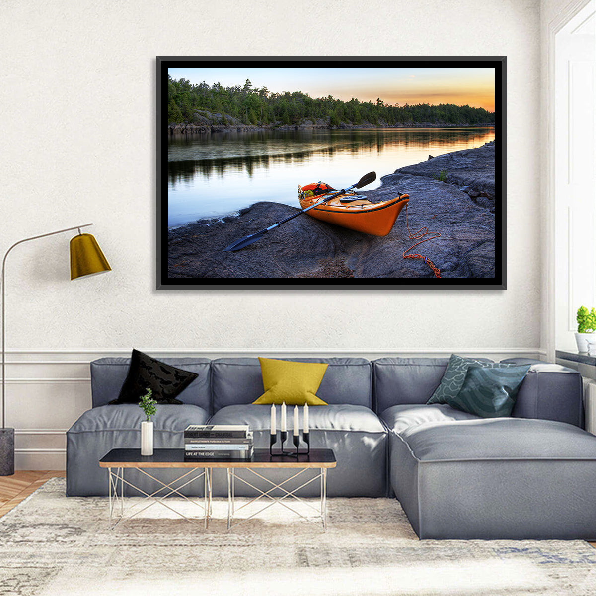 Orange Kayak on Rocky Shore Wall Art in a room, landscape