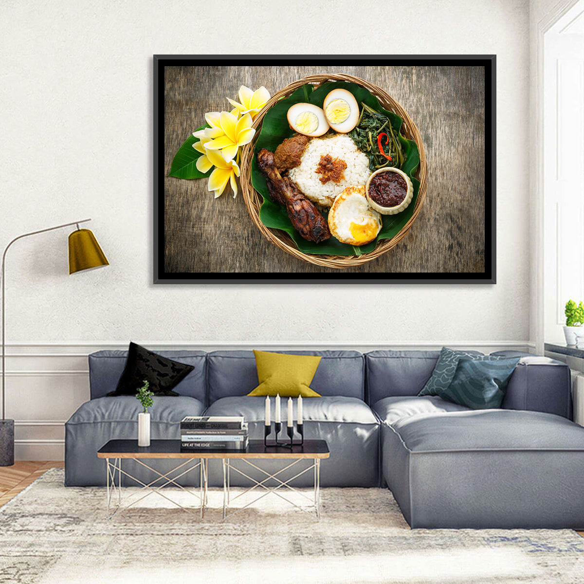 Nasi Campur in Woven Basket Wall Art in a room, landscape