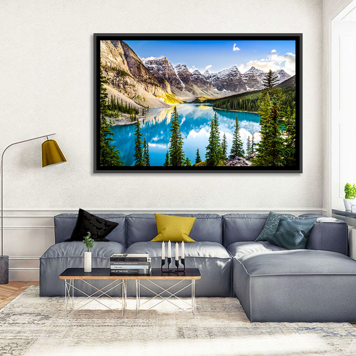 Moraine Lake Reflections Wall Art in a room, landscape