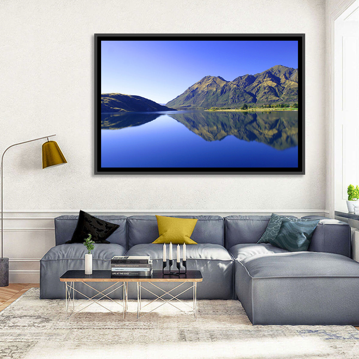 Lake Hawea Mirror Reflection Wall Art in a room, landscape