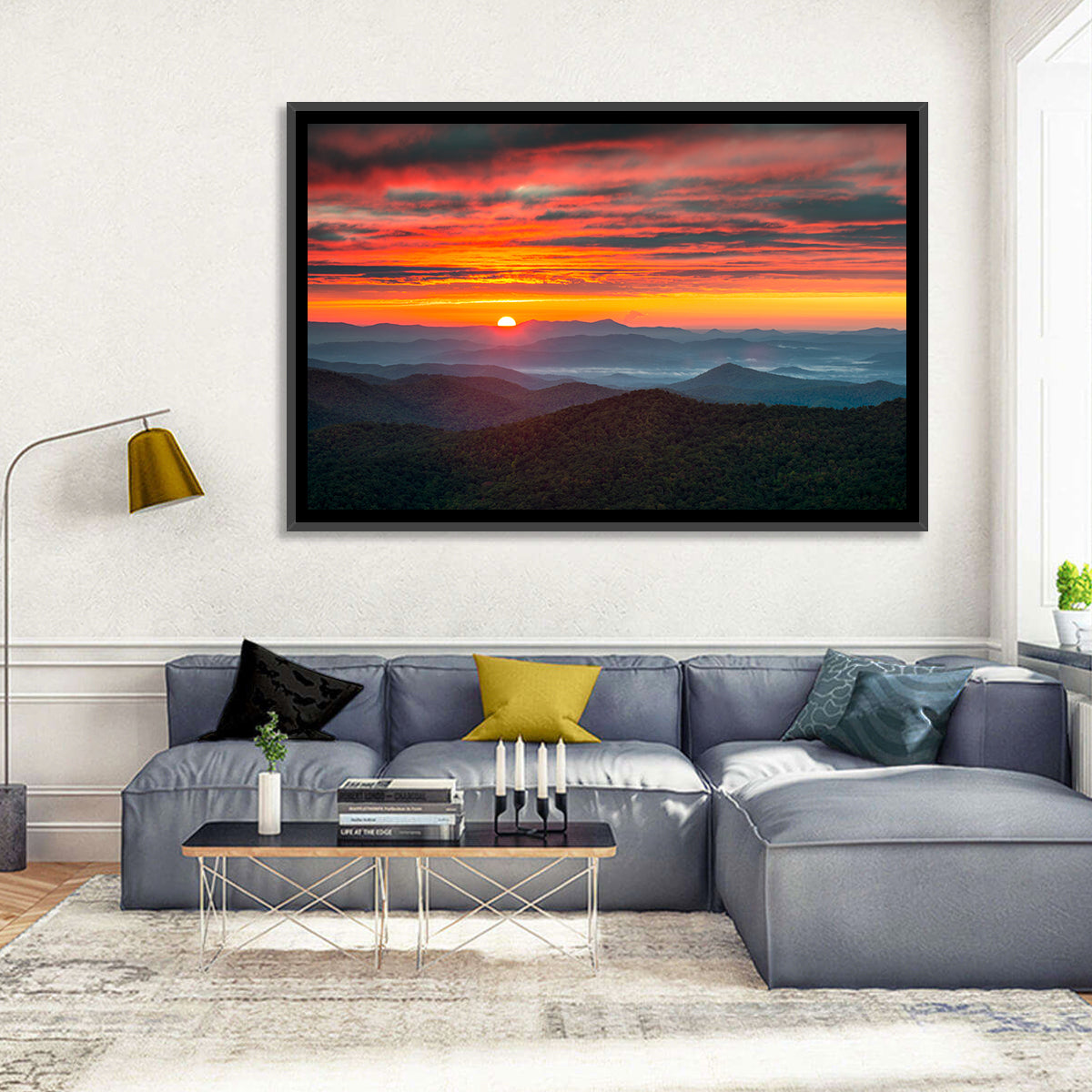 Blue Ridge Sunrise Over Misty Ridges Wall Art in a room, landscape