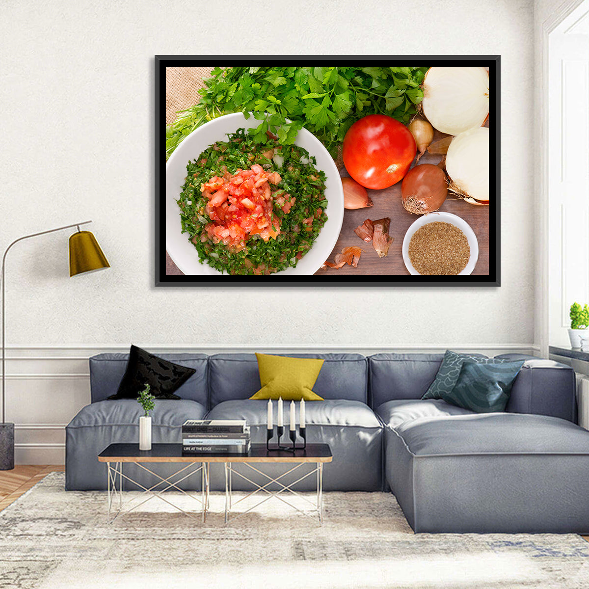 Top-down Tabbouleh Salad Wall Art in a room, landscape