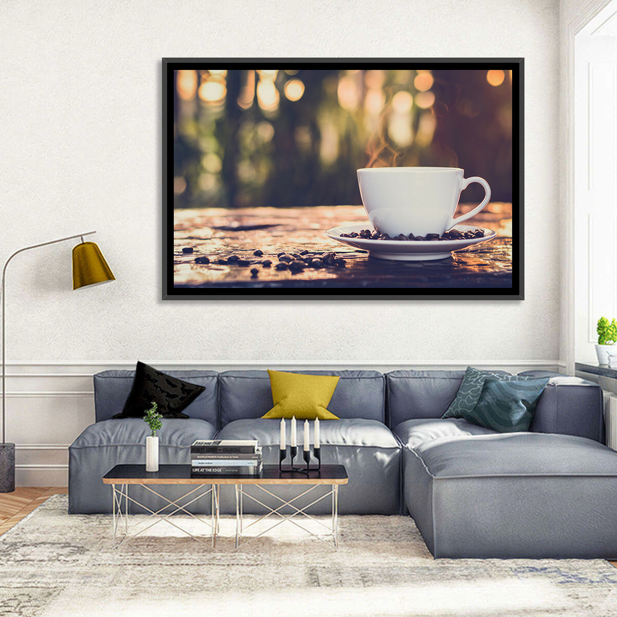 Steaming White Coffee Cup Wall Art in a room, landscape
