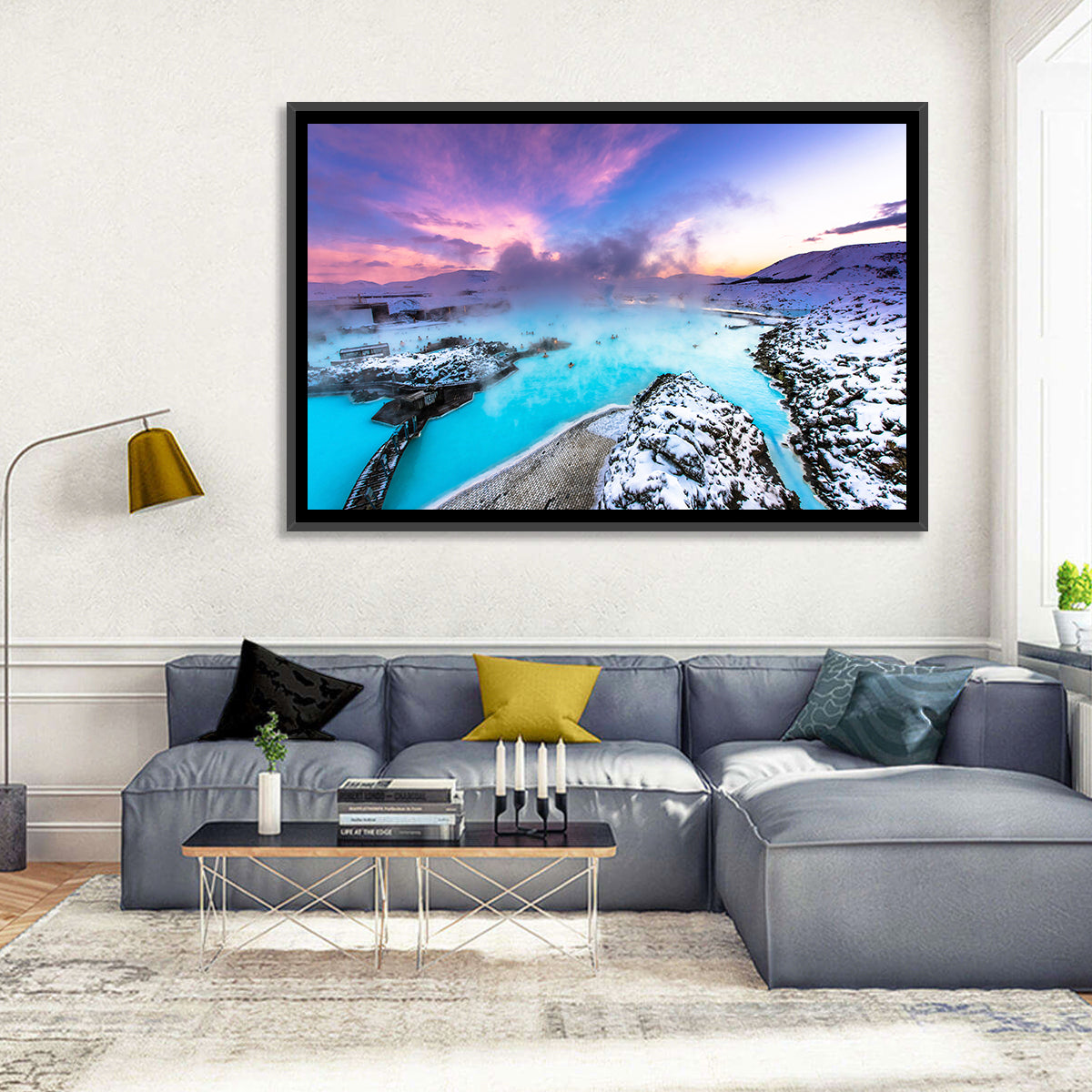 Blue Lagoon Grindavík Sunrise Wall Art in a room, landscape
