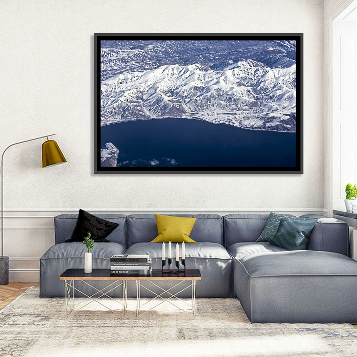 Lake Sevan Aerial Winter View Wall Art in a room, landscape