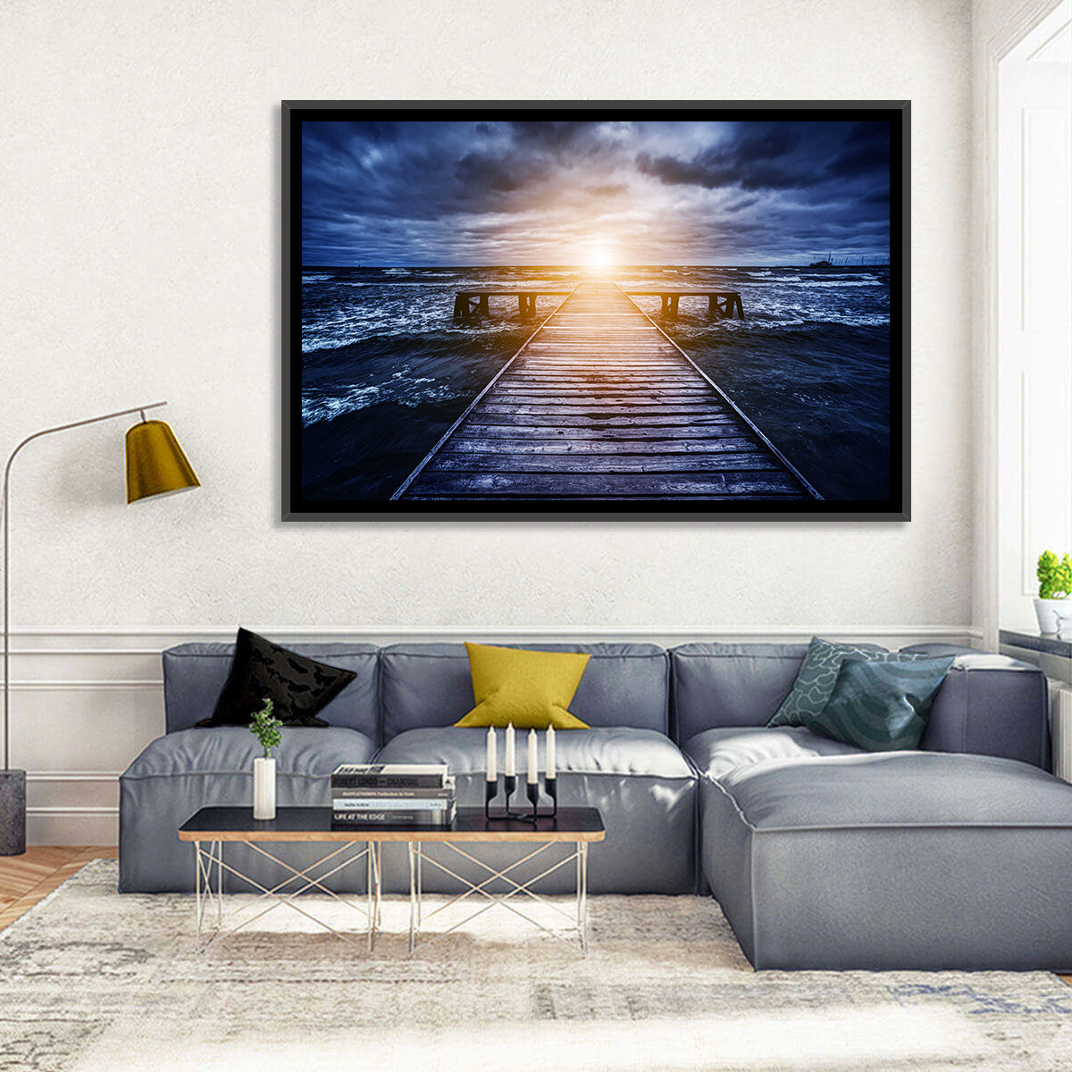 Sunlit Wooden Jetty at Dusk Wall Art in a room, landscape
