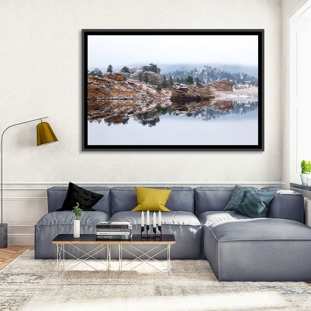 Marys Lake Foggy Reflection Wall Art in a room, landscape