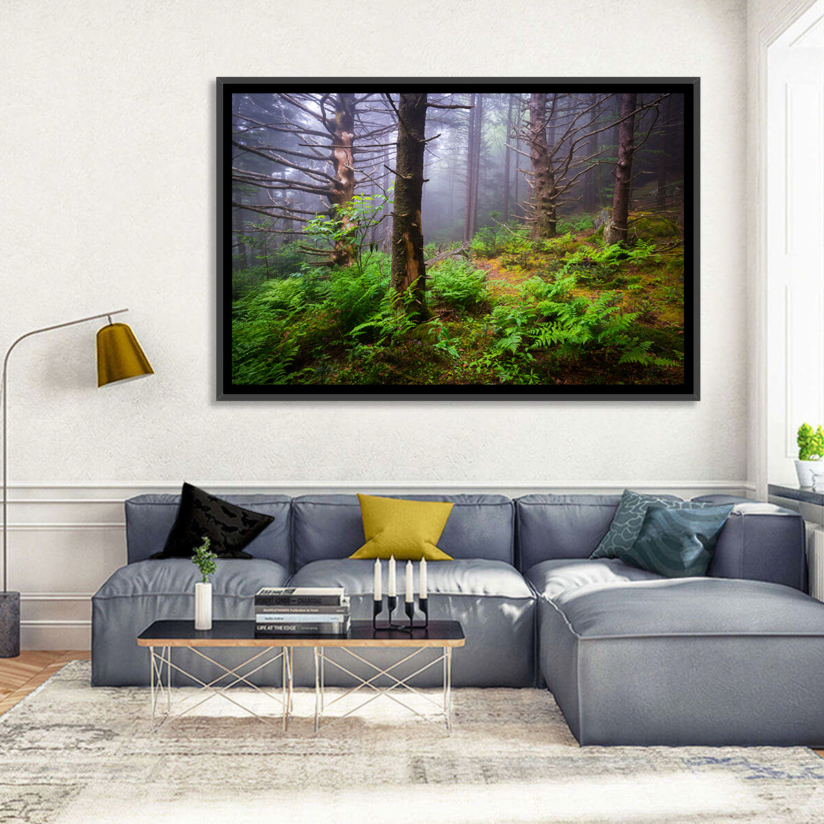 Misty Spruce-fir Trail Wall Art in a room, landscape