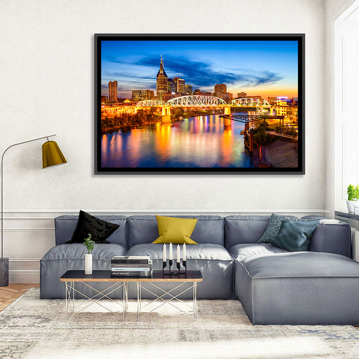 Nashville Skyline at Twilight Bridge Reflections Wall Art