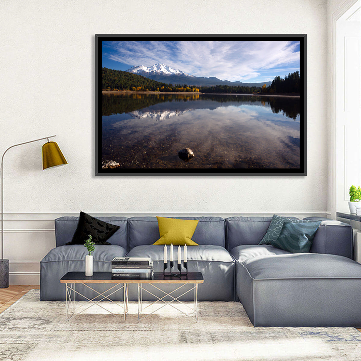 Mount Shasta Reflection at Lake Siskiyou Wall Art in a room, landscape