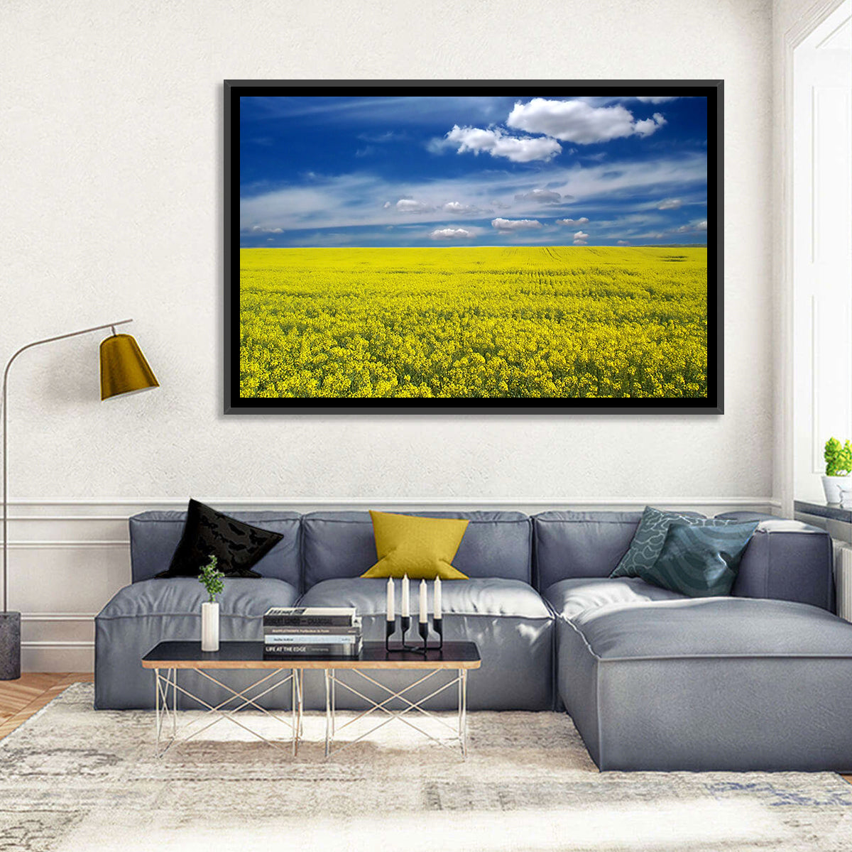 Sunlit Canola Field Wall Art in a room, landscape