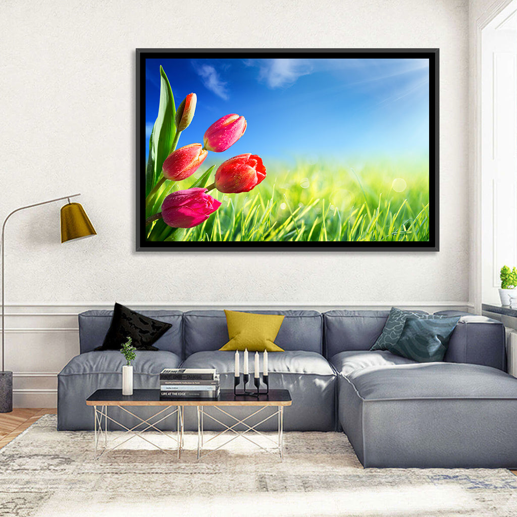 Dewy Red Tulips Under Blue Sky Wall Art
