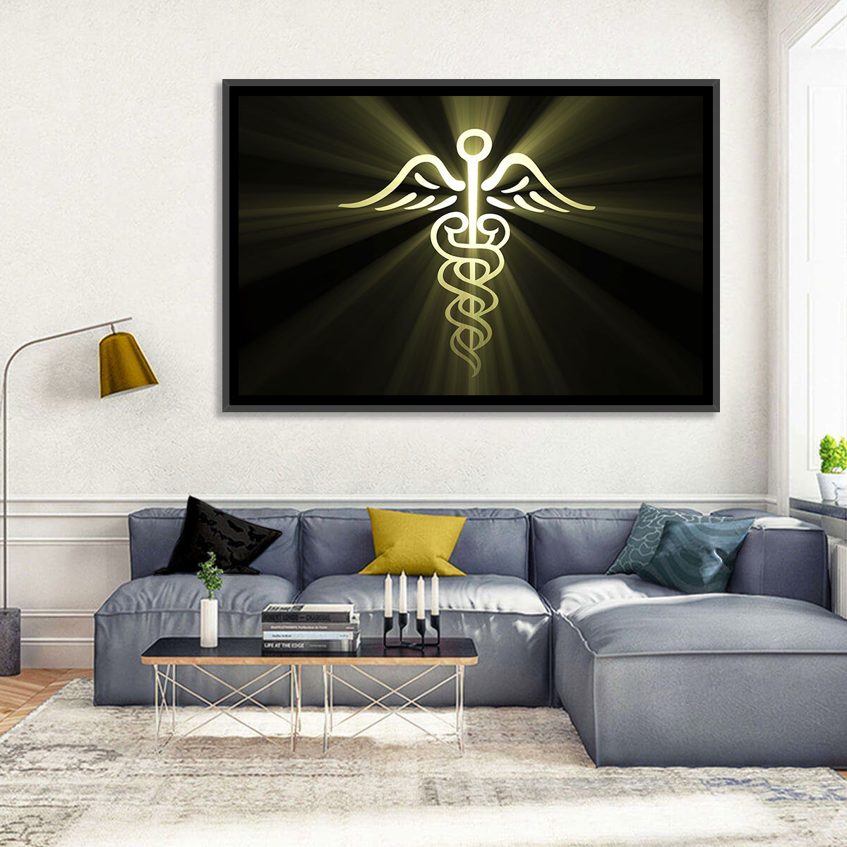 Medical Corps Caduceus Emblem Wall Art in a room, landscape