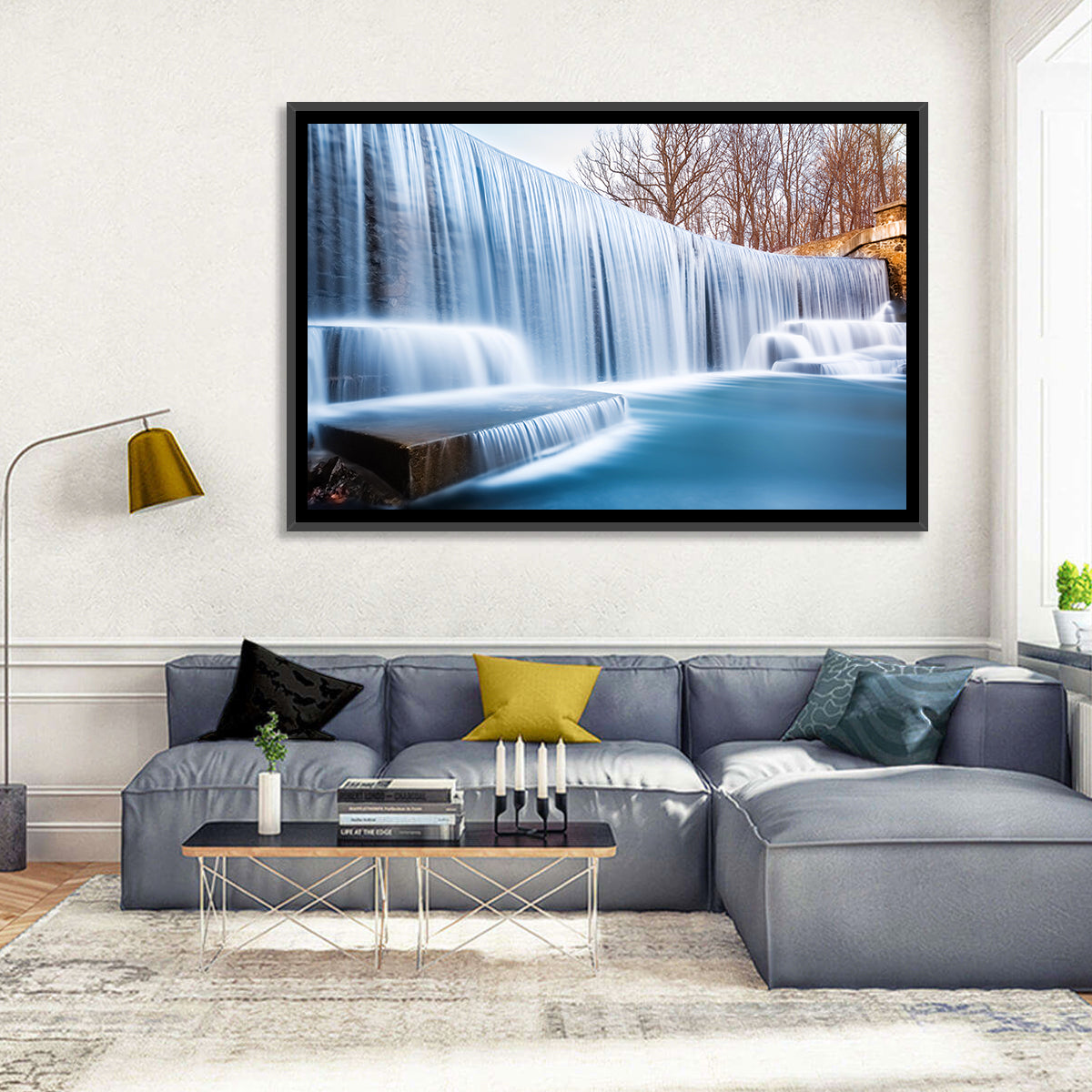Seeley's Pond Winter Waterfall Wall Art in a room, landscape