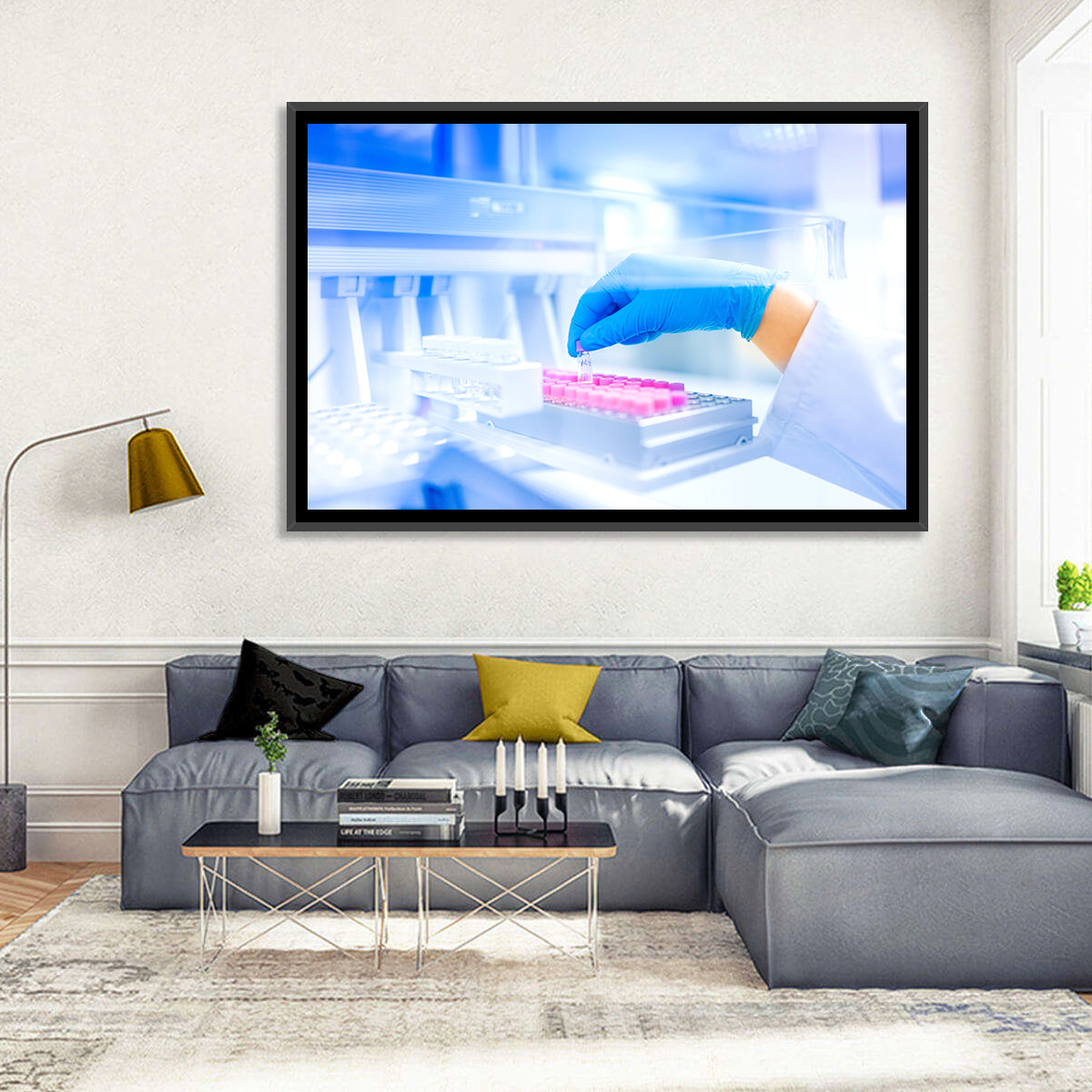 Gloved Hand with Vial and Pink-capped Tubes Wall Art in a room, landscape
