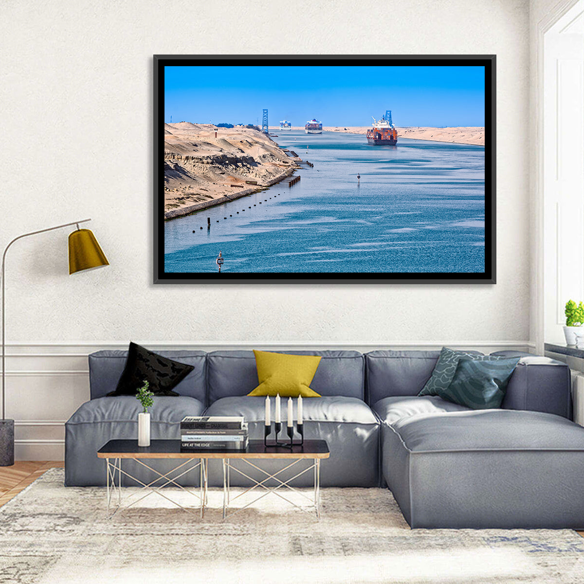 Suez Canal Container Ships Wall Art in a room, landscape
