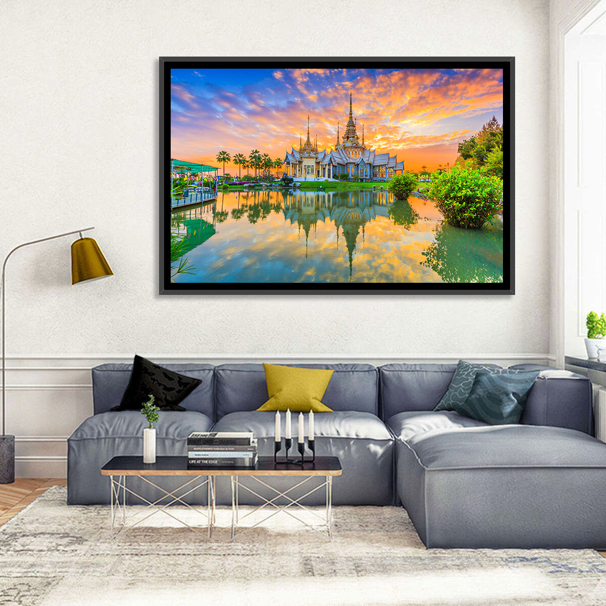 Wat Non Kum Sunset Reflection Wall Art in a room, landscape