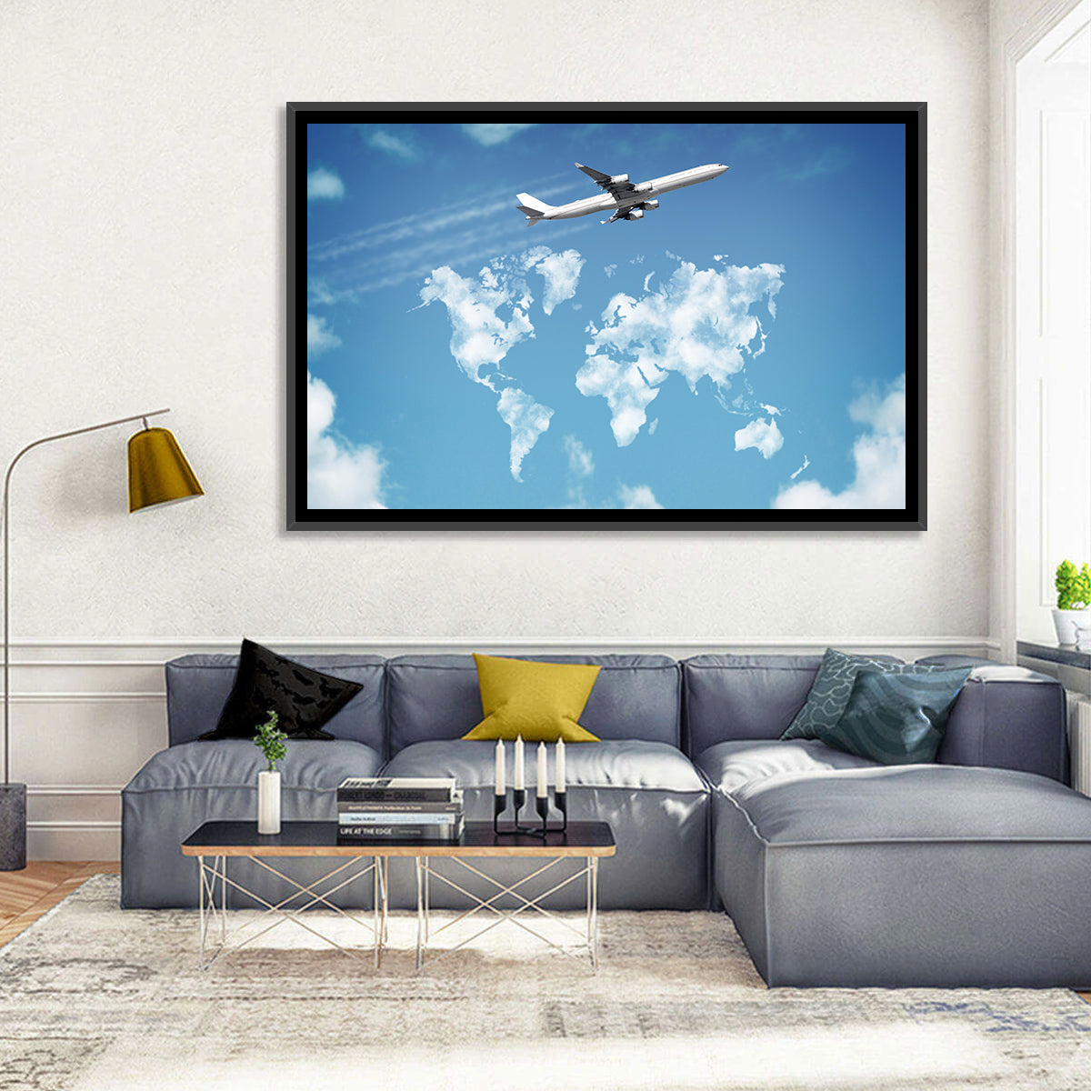Jet Over Cloud World Map Wall Art