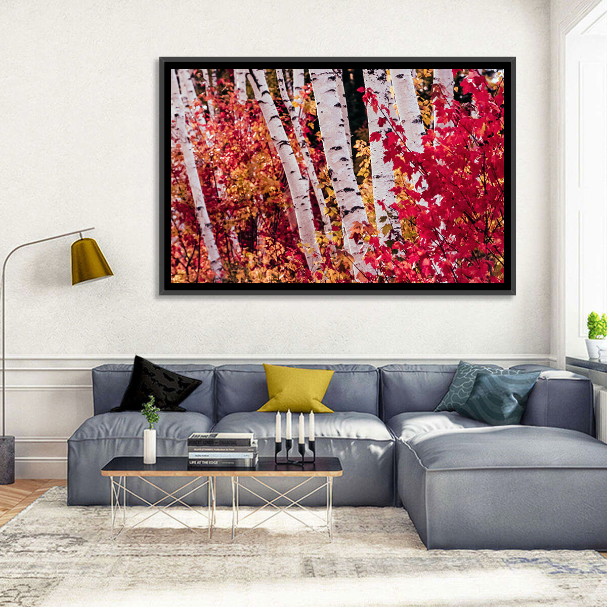 Autumn Birches with Crimson Maples Wall Art in a room, landscape
