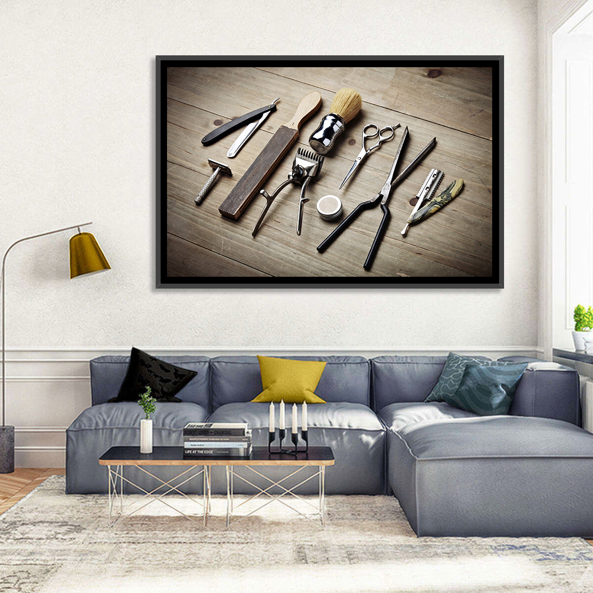 Vintage Barber Tools on Wooden Workbench Wall Art in a room, landscape