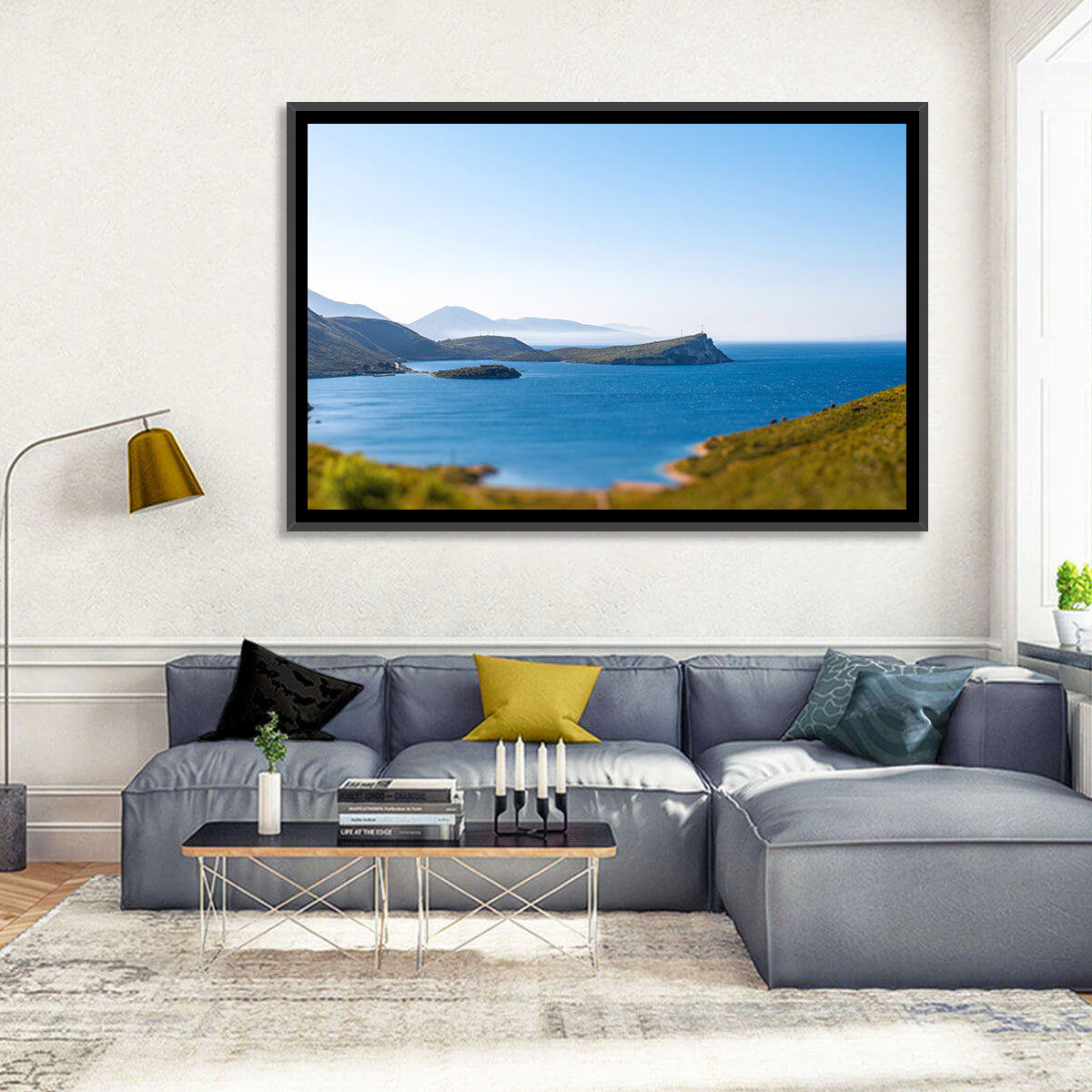 Coastal Cliffs and Lighthouse Bay Wall Art in a room, landscape