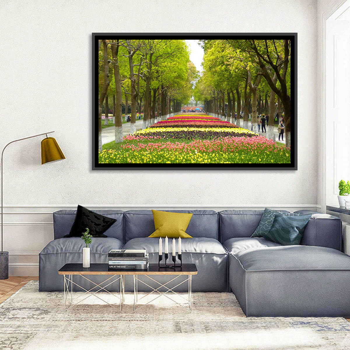 Tree-lined Tulip Garden Path Wall Art in a room, landscape