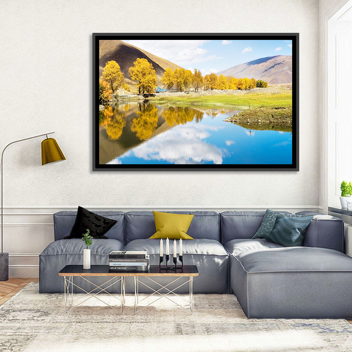 Chanxi Autumn Reflection Road Wall Art in a room, landscape
