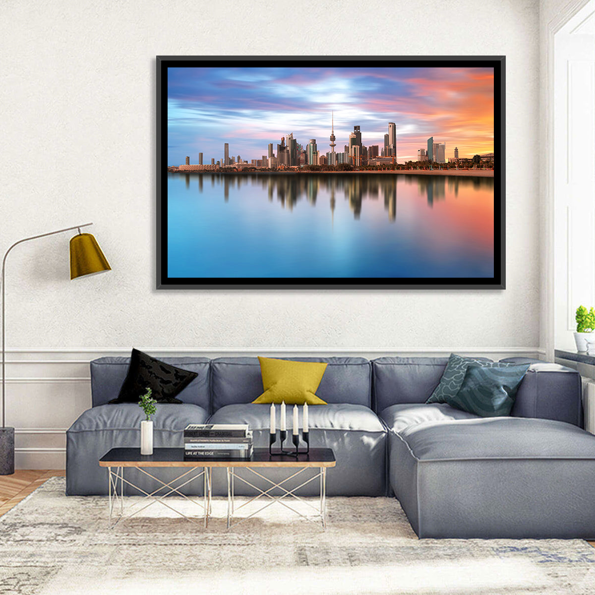 Kuwait City Skyline at Sunset Wall Art in a room, landscape