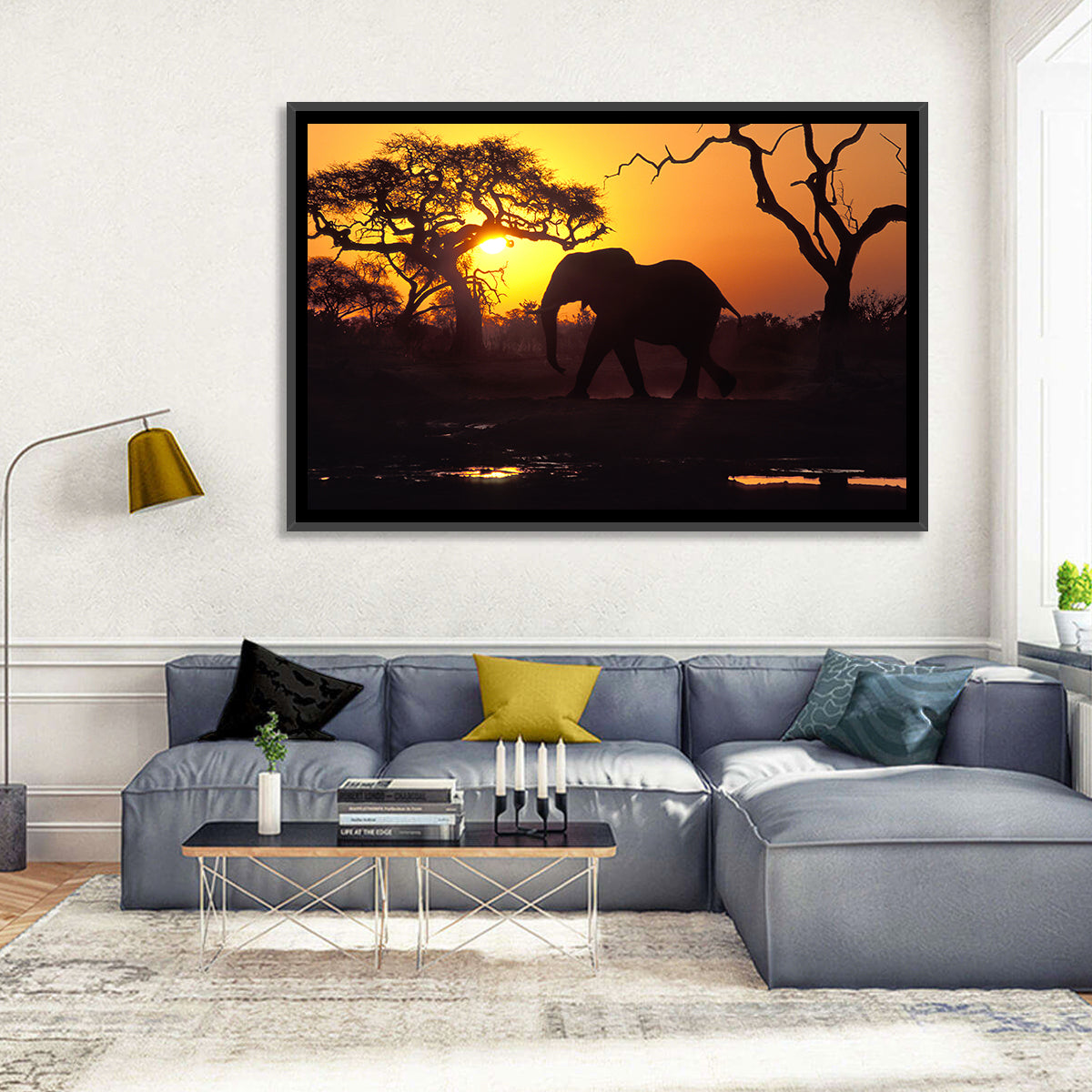 Elephant at Sunset Wall Art in a room, landscape