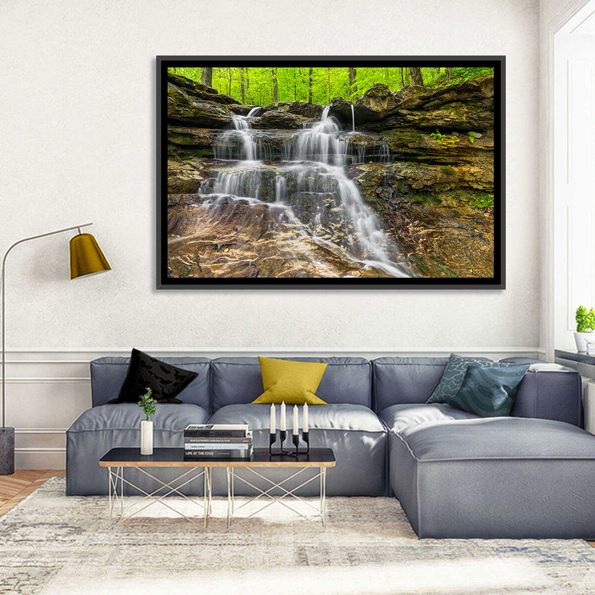 Mossy Ledge Waterfall Wall Art in a room, landscape