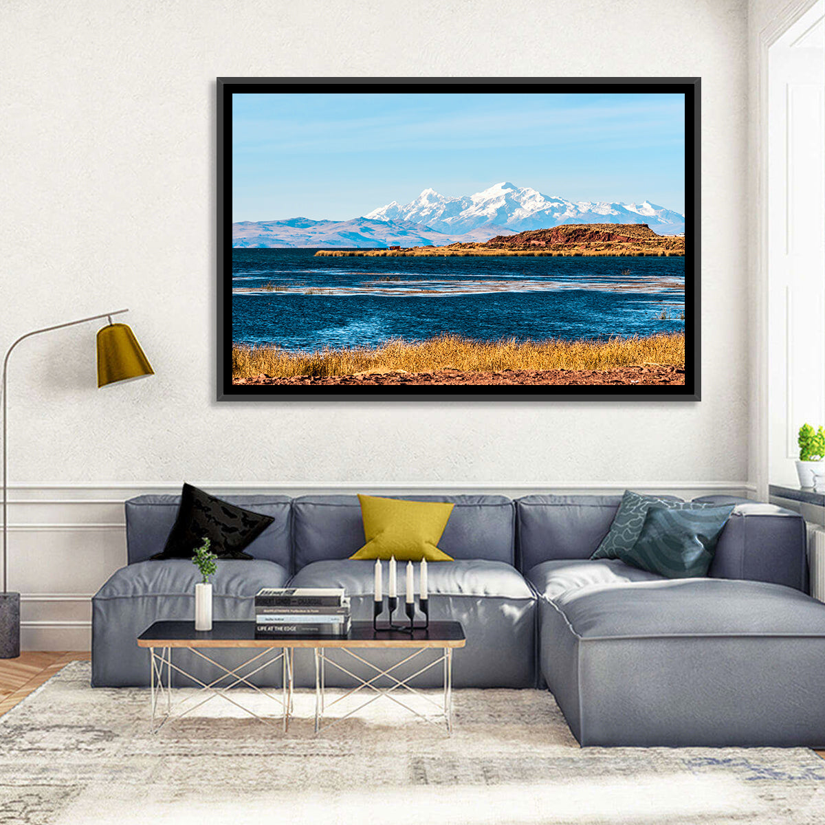 Lake Titicaca Blue and Gold Wall Art in a room, landscape