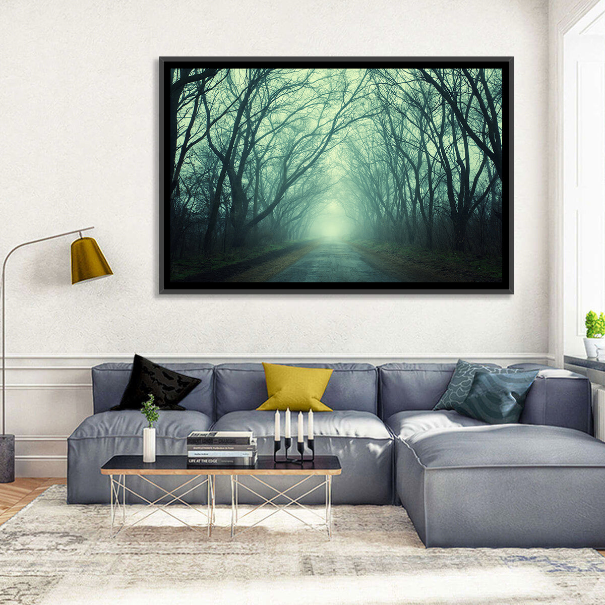 Foggy Forest Pathway Wall Art in a room, landscape