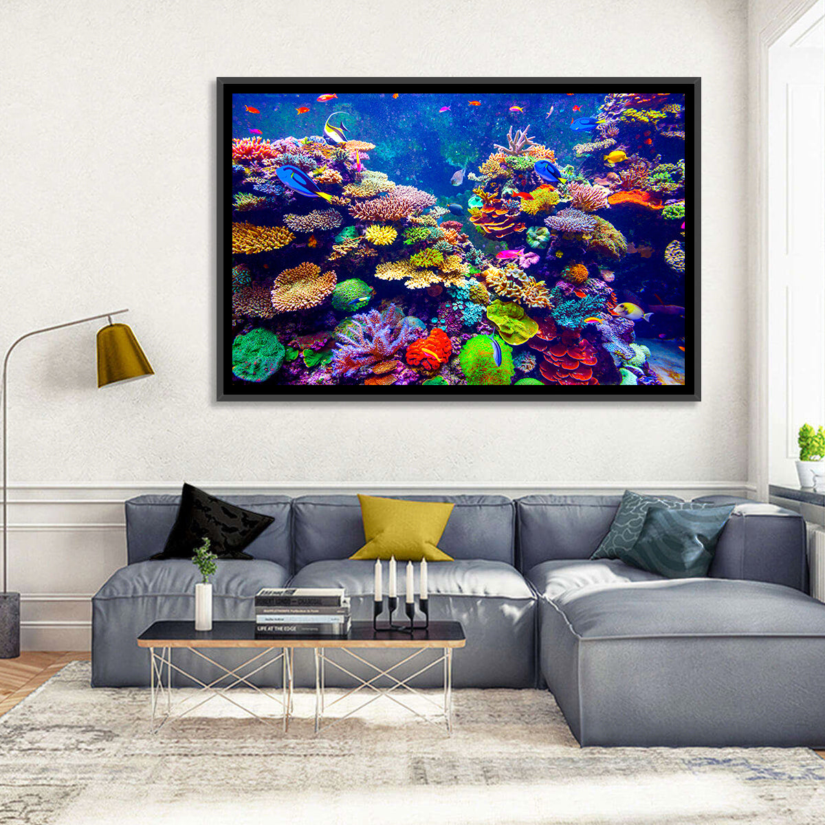 Tropical Coral Reef Aquarium Wall Art in a room, landscape