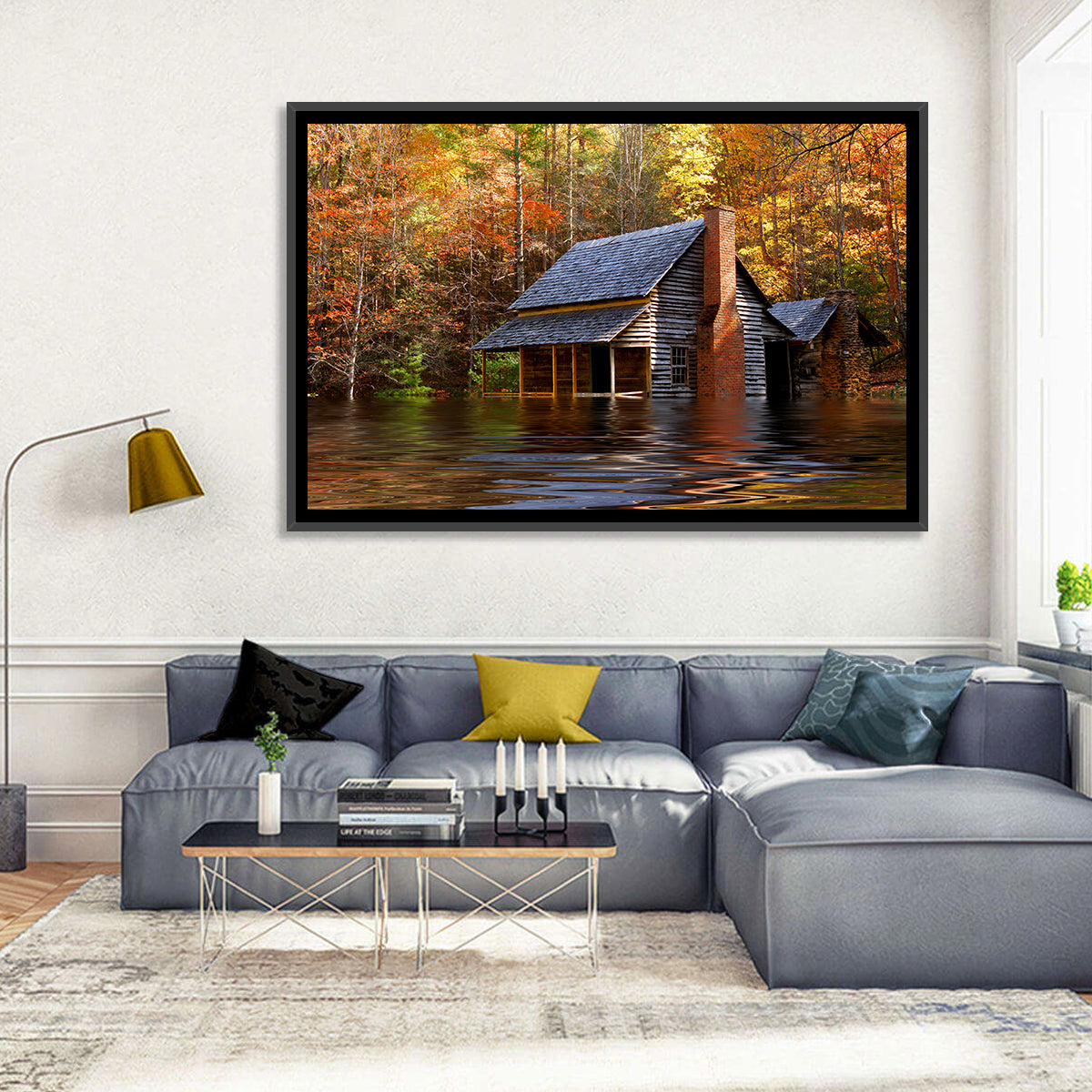 Autumn Flooded Log Cabin Wall Art in a room, landscape