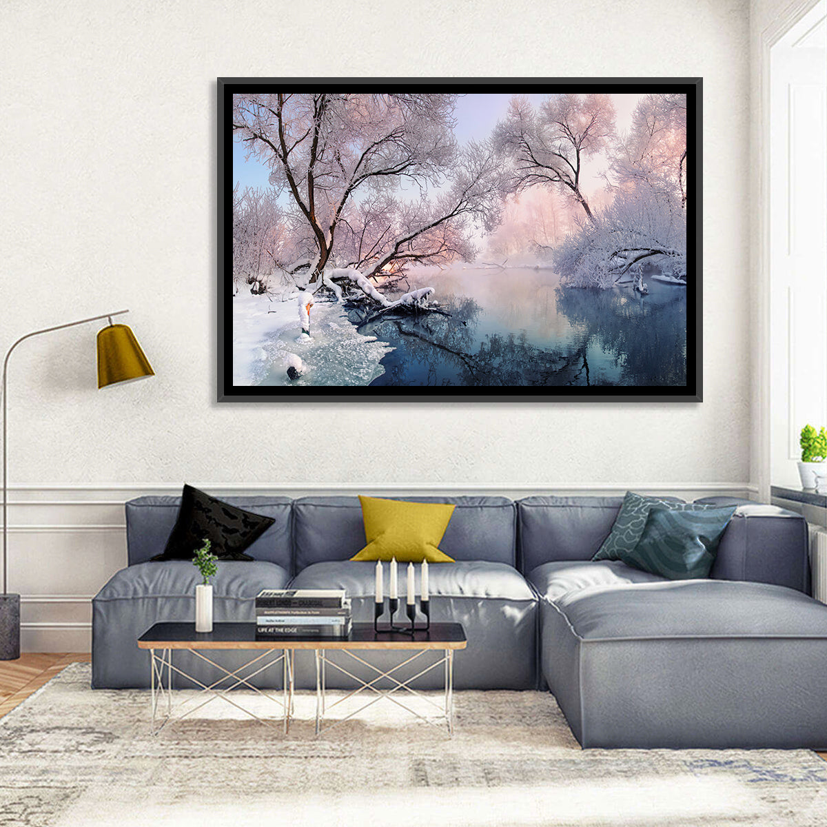 Snowy Lake Morning Mist Wall Art in a room, landscape