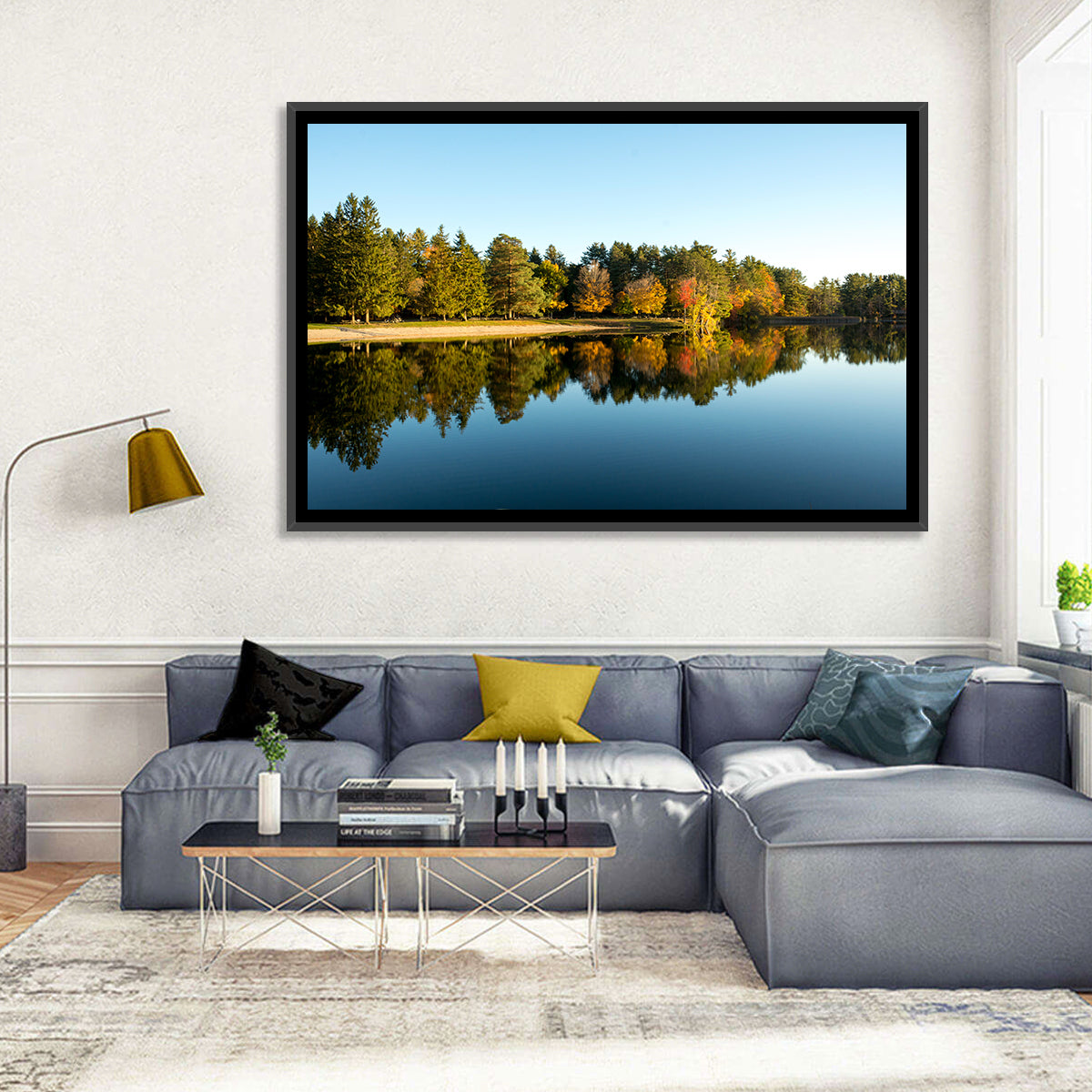 Lake Shaftsbury Autumn Reflection Wall Art in a room, landscape