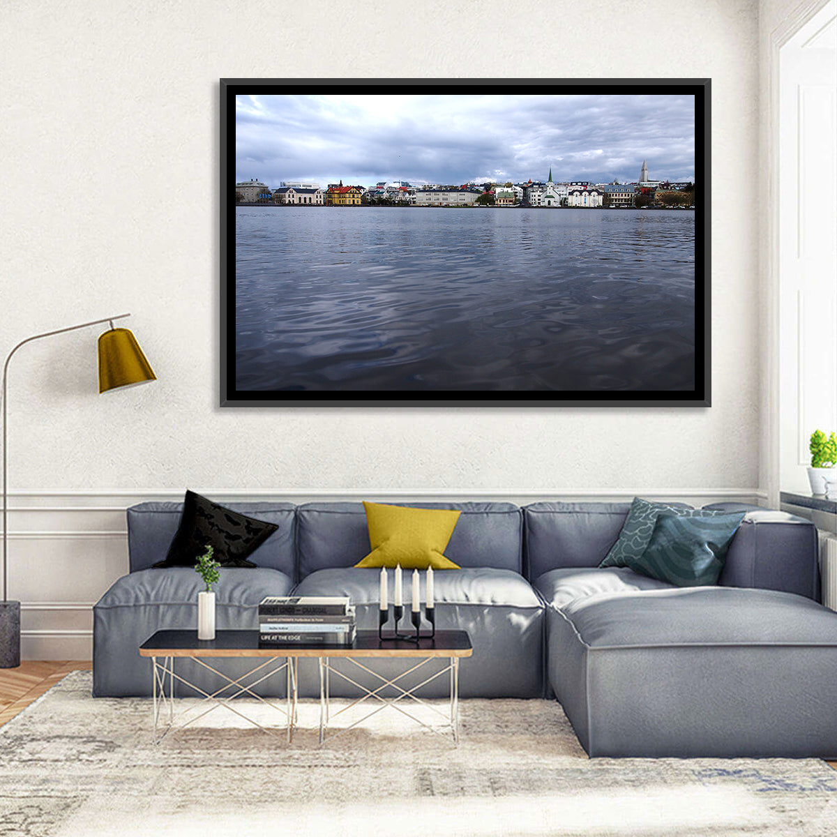 Tjörnin Reykjavik Skyline Wall Art in a room, landscape