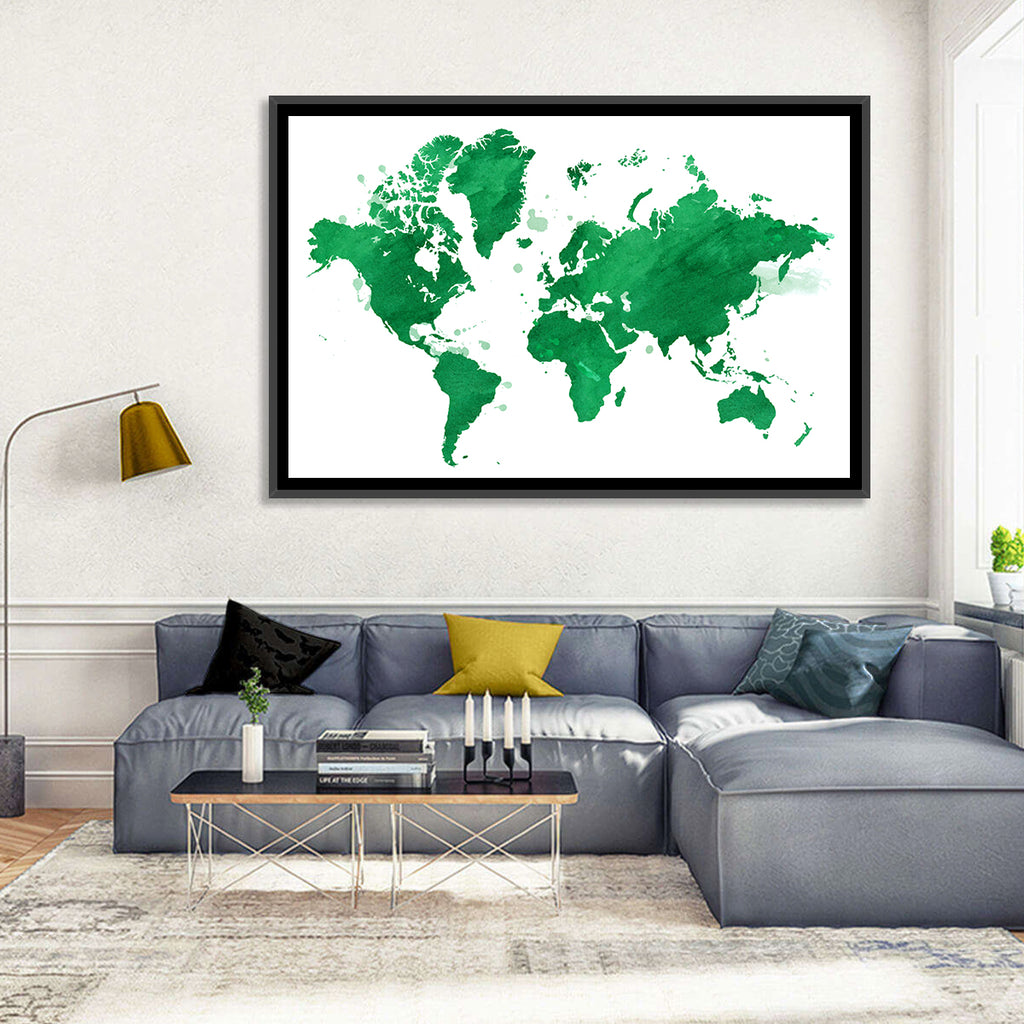 Green Watercolor World Map Wall Art